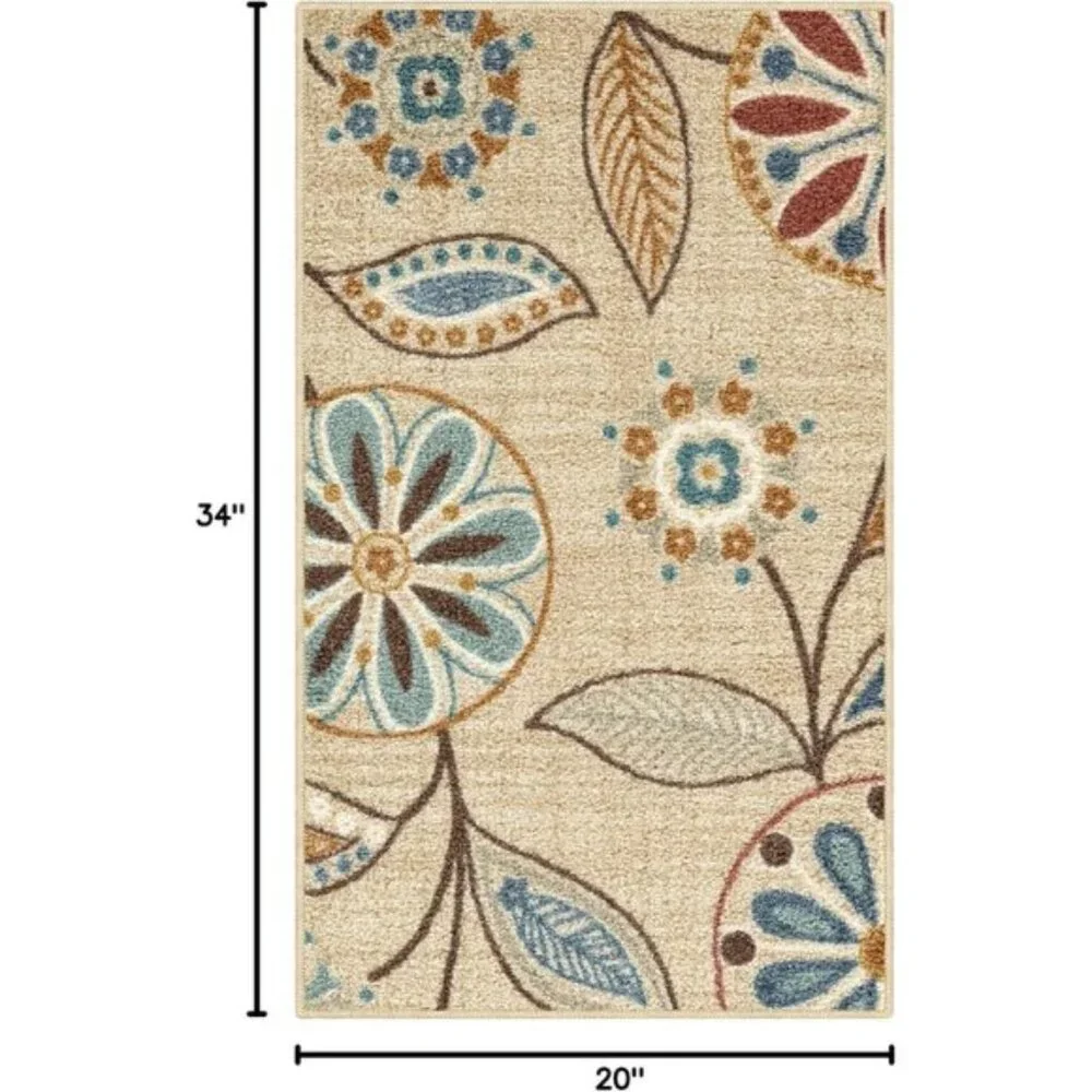 New 1.8x2.10ft Reggie Floral Kitchen Area Rug. Washable Non-Slip Carpet - Beige